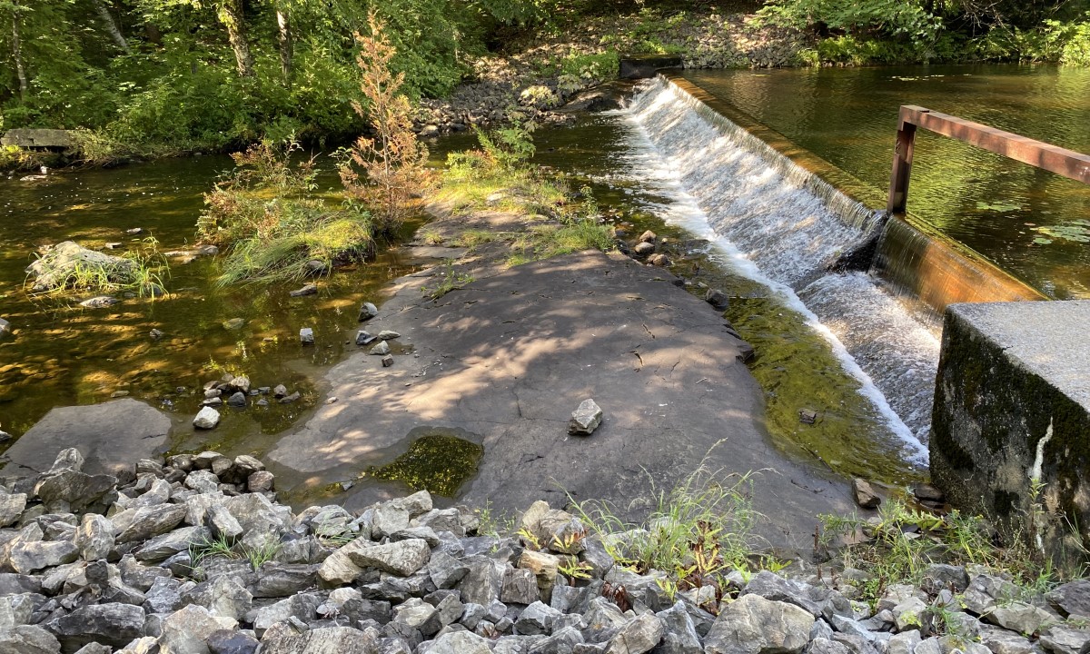 Vue aérienne d’un cours d’eau aménagé avec un ouvrage de retenue et des berges végétalisées à Verchères
